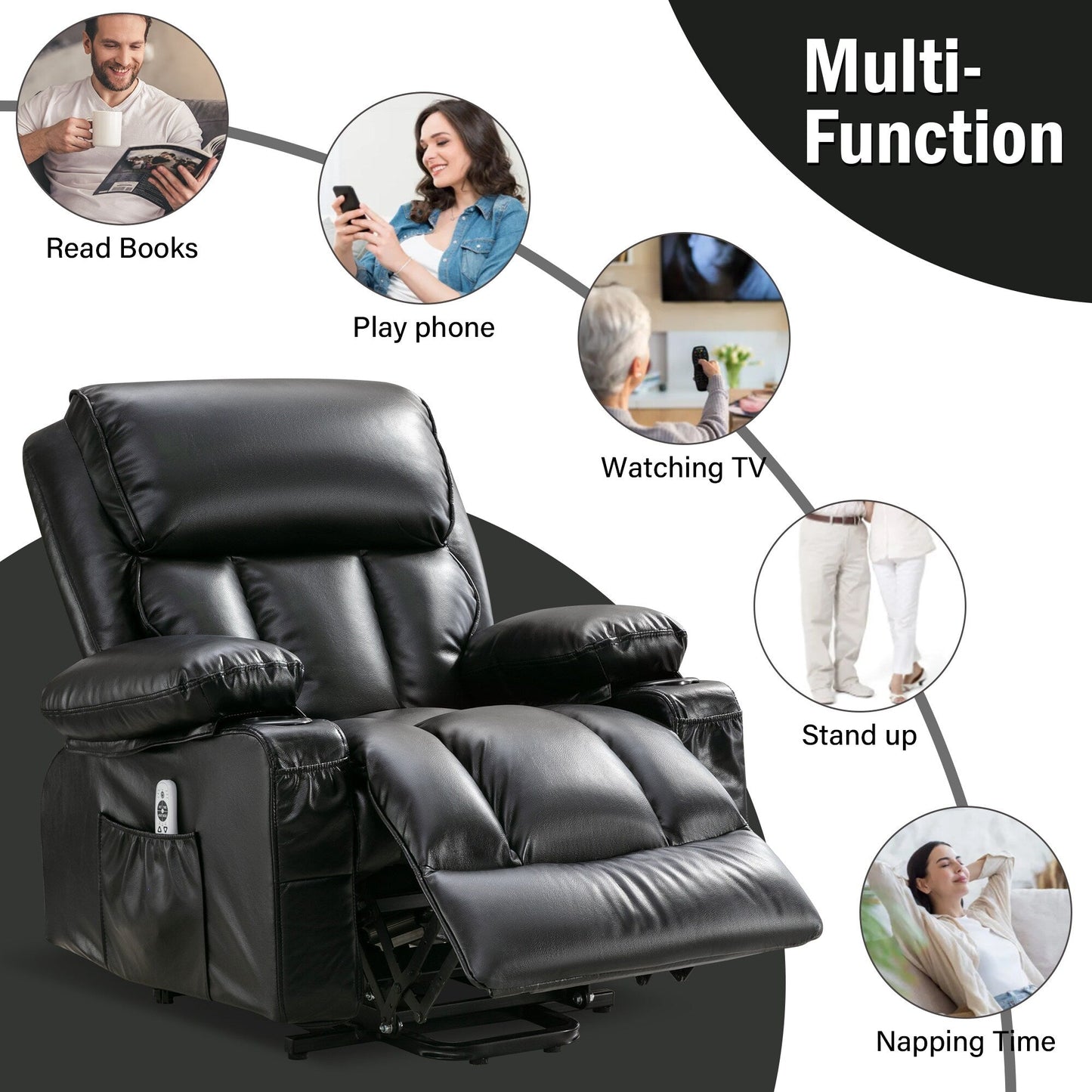 Black Power Lift Recliner with Massage, Heat & PU Leather