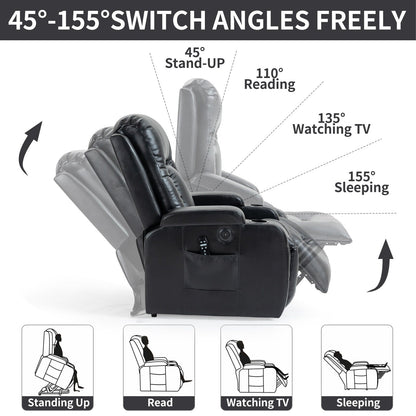 Black Power Lift Recliner with Massage, Lumbar Heat, USB, and Cup Holders