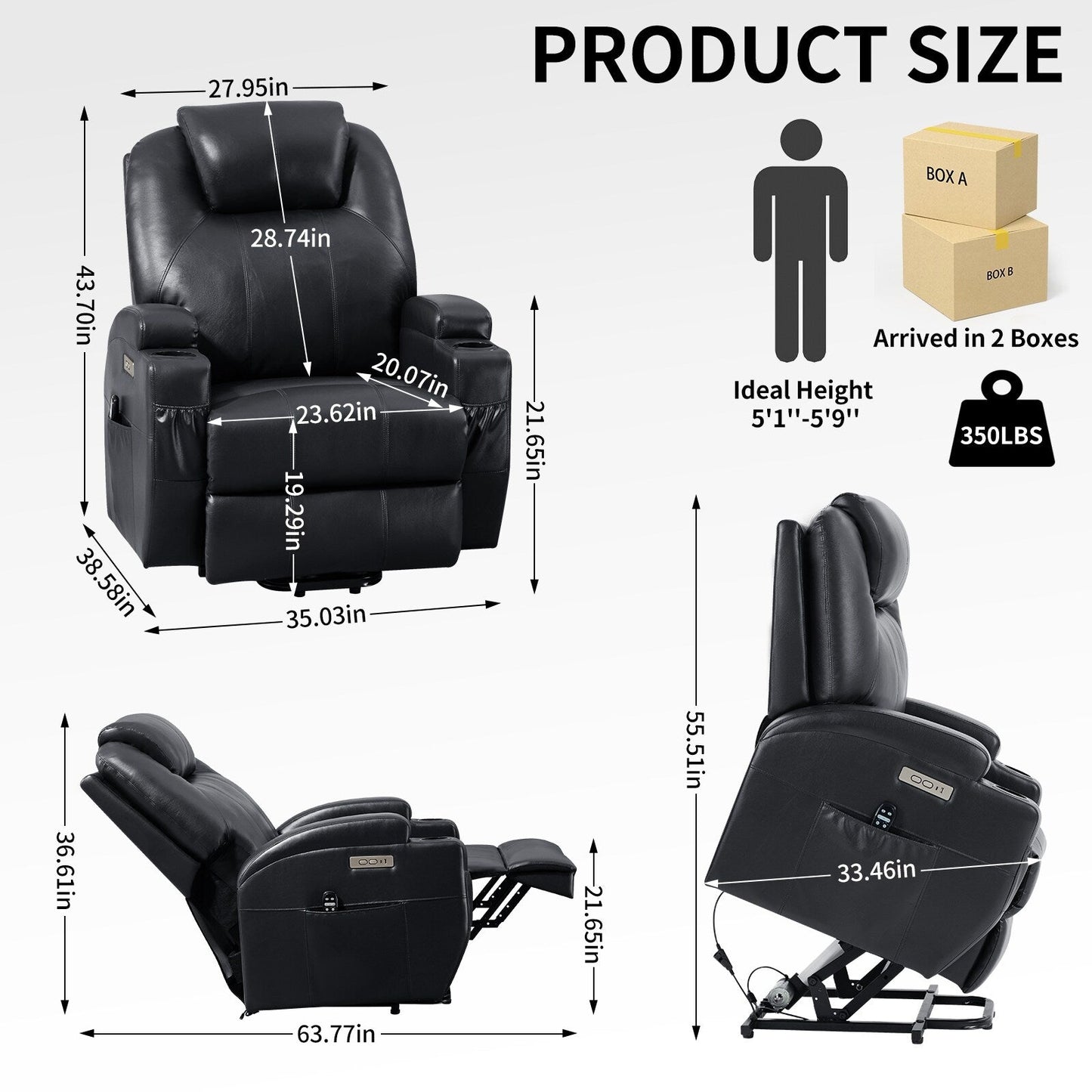 Black Power Lift Recliner with Okin Motor, 8-Point Vibration Massage, Lumbar Heating, Dual Cup Holders, and USB Ports