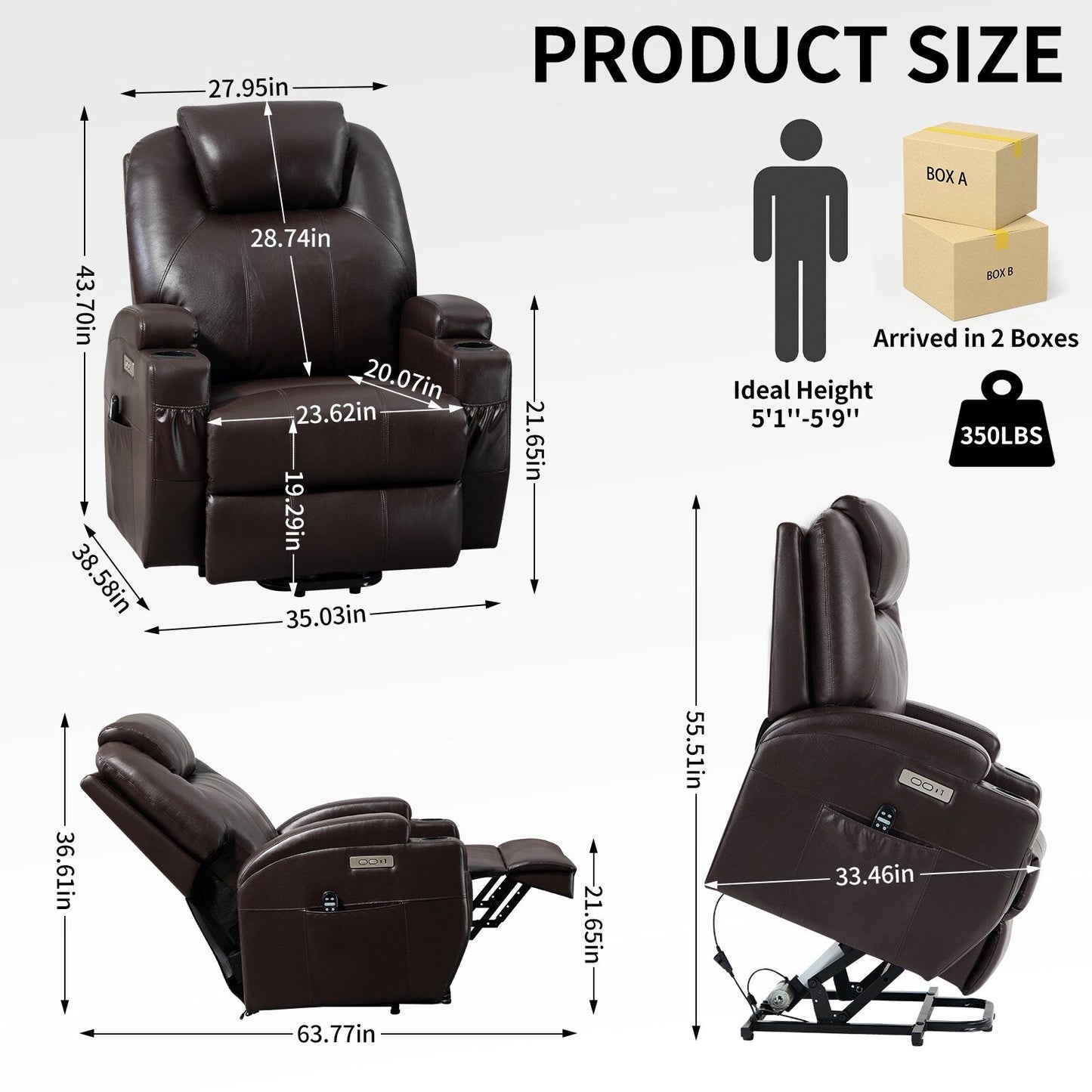 Black Power Lift Recliner with Okin Motor, 8-Point Vibration Massage, Lumbar Heating, Dual Cup Holders, and USB Ports