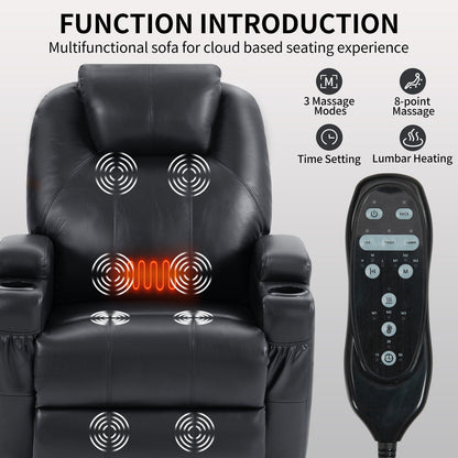 Black Power Lift Recliner with Okin Motor, 8-Point Vibration Massage, Lumbar Heating, Dual Cup Holders, and USB Ports