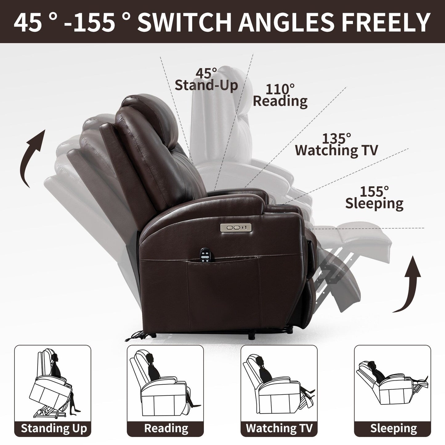 Black Power Lift Recliner with Okin Motor, 8-Point Vibration Massage, Lumbar Heating, Dual Cup Holders, and USB Ports