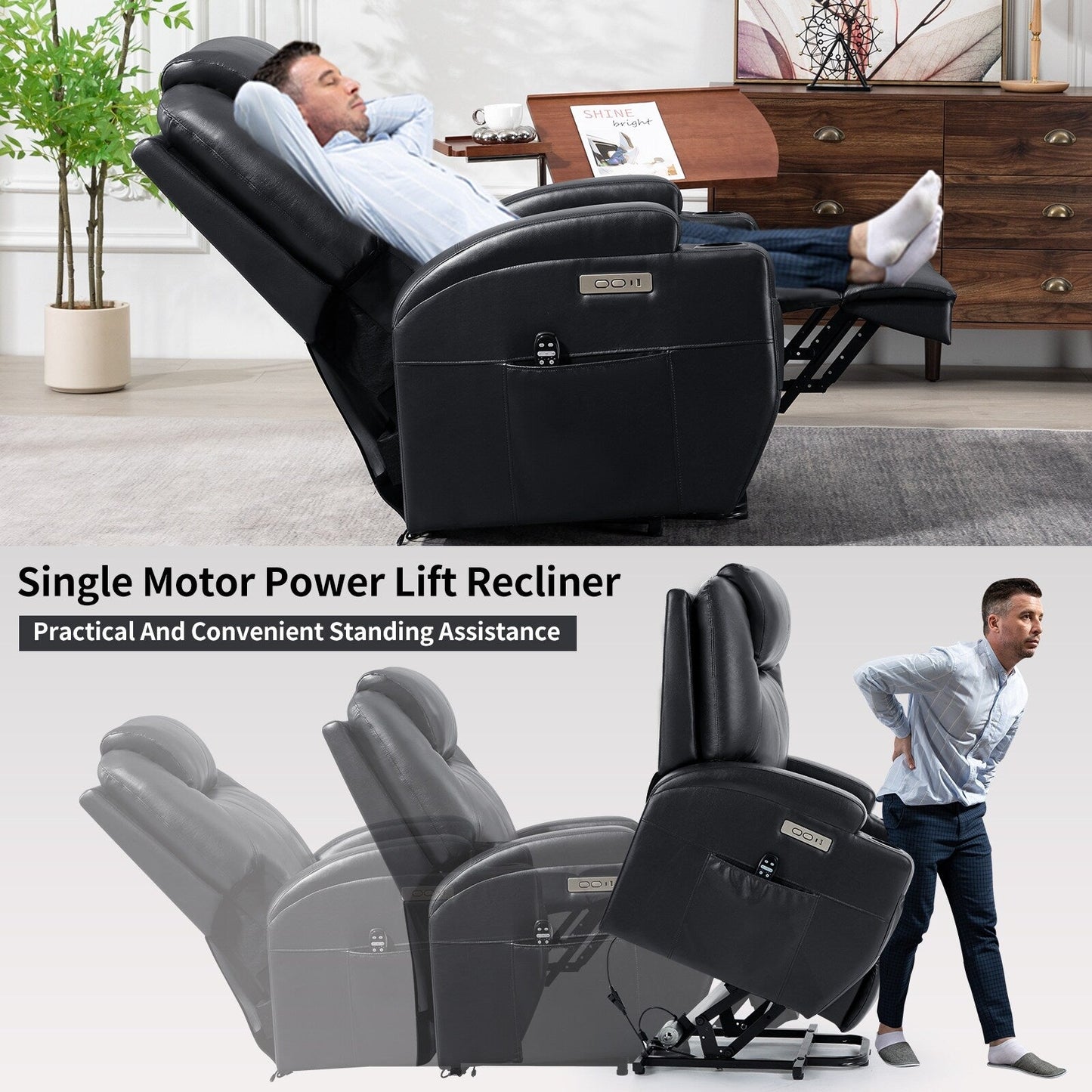 Black Power Lift Recliner with Okin Motor, 8-Point Vibration Massage, Lumbar Heating, Dual Cup Holders, and USB Ports