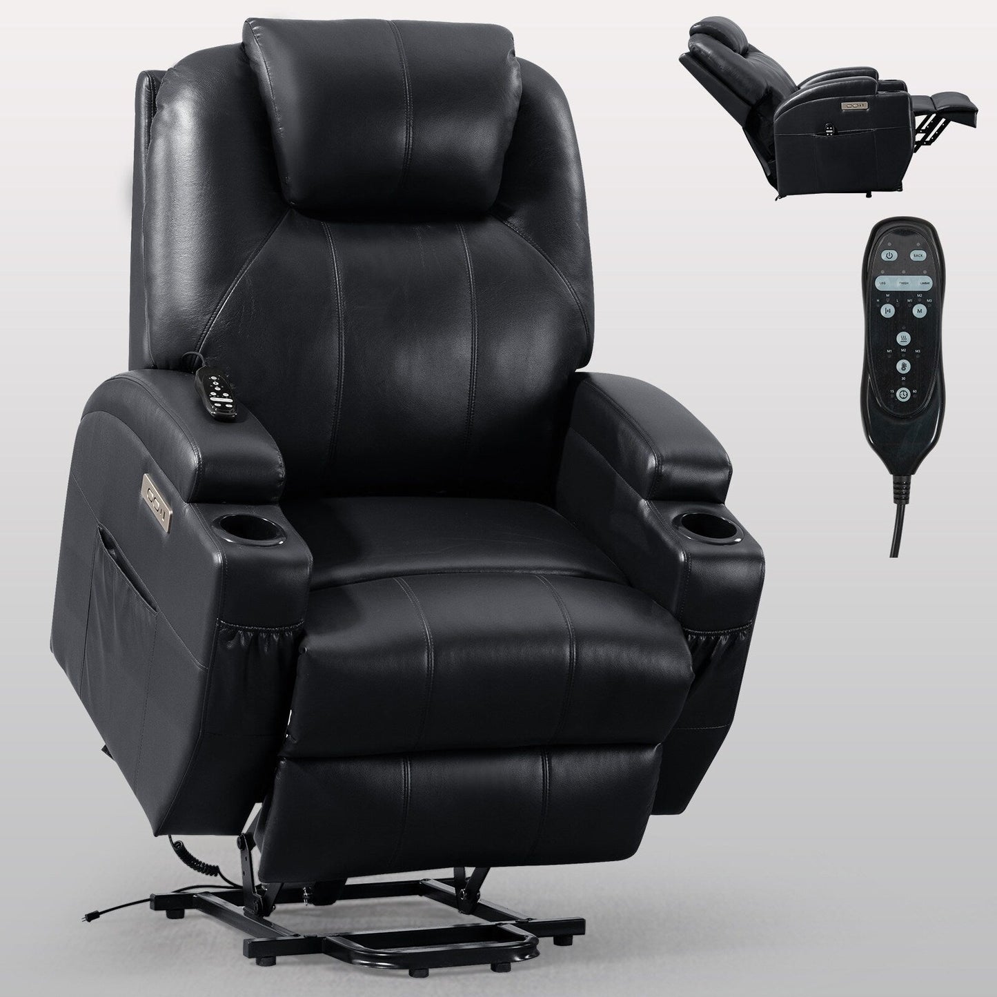 Black Power Lift Recliner with Okin Motor, 8-Point Vibration Massage, Lumbar Heating, Dual Cup Holders, and USB Ports