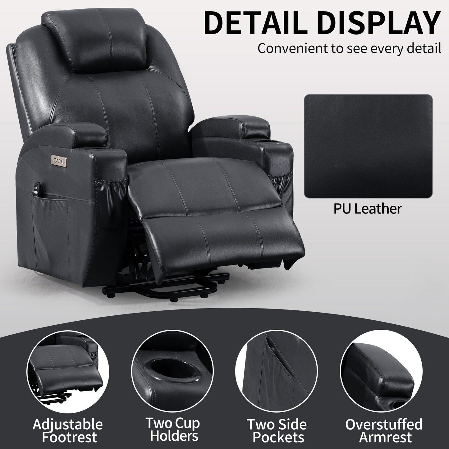 Black Power Lift Recliner with Okin Motor, 8-Point Vibration Massage, Lumbar Heating, Dual Cup Holders, and USB Ports