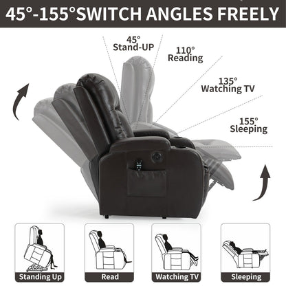 Black Power Lift Recliner with Vibration Massage, Lumbar Heat, USB Port, and Cup Holders for Senior Comfort