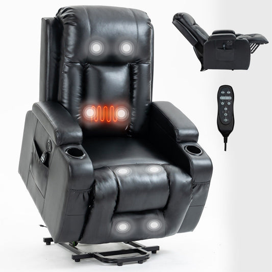 Black Power Lift Recliner with Vibration Massage, Lumbar Heat, USB Port, and Cup Holders for Seniors