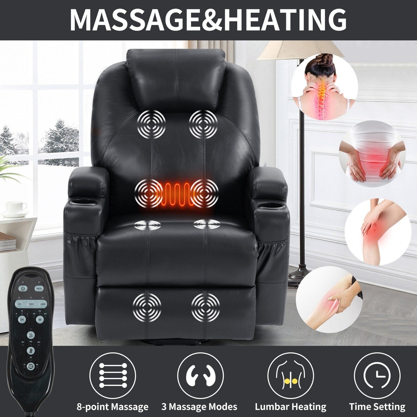 Black Power Lift Recliner with Vibration Massage, Lumbar Heat, and Cup Holders