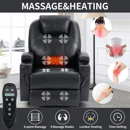 Black Power Lift Recliner with Vibration Massage, Lumbar Heat, and Cup Holders