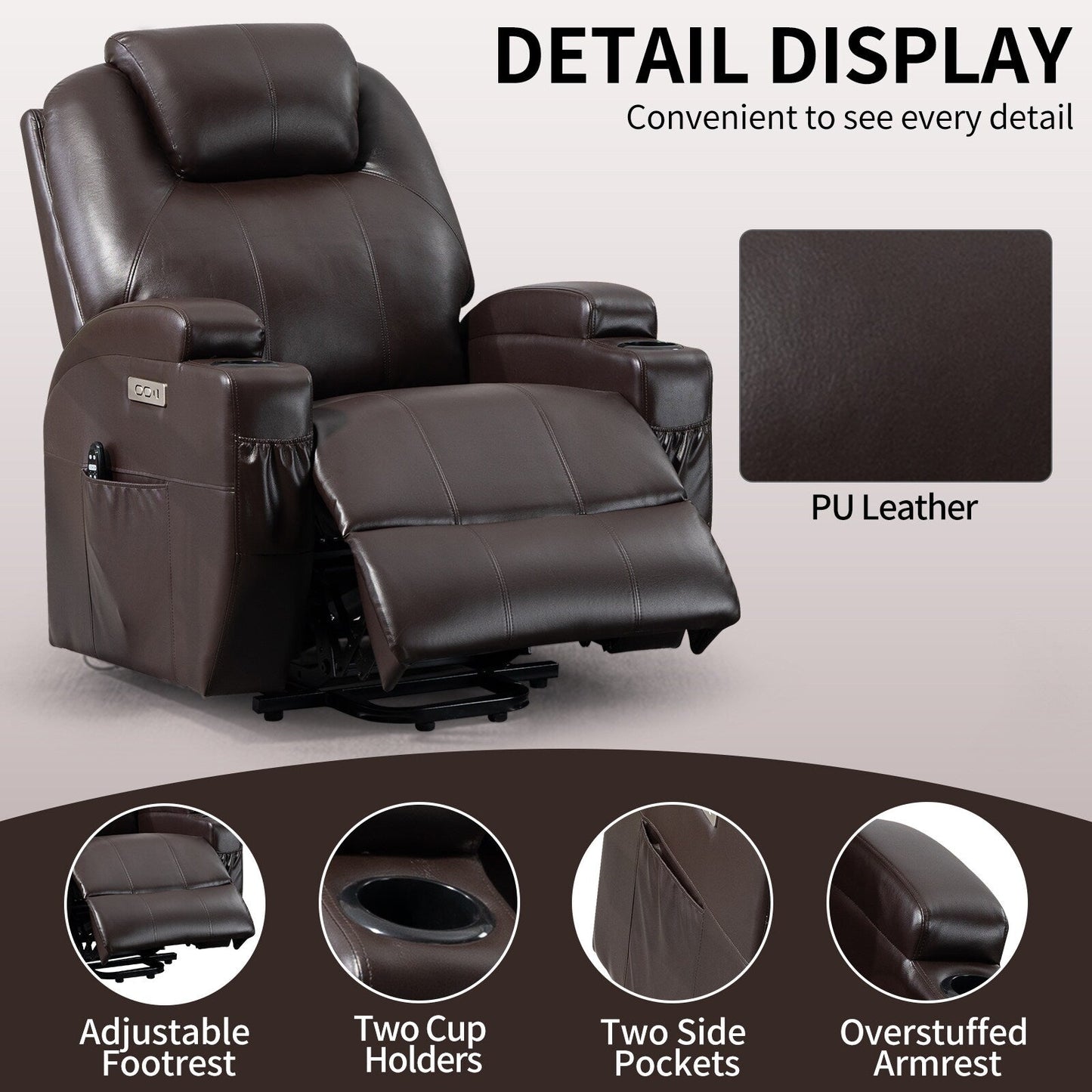 Black Power Lift Recliner with Vibration Massage, Lumbar Heat, and Cup Holders