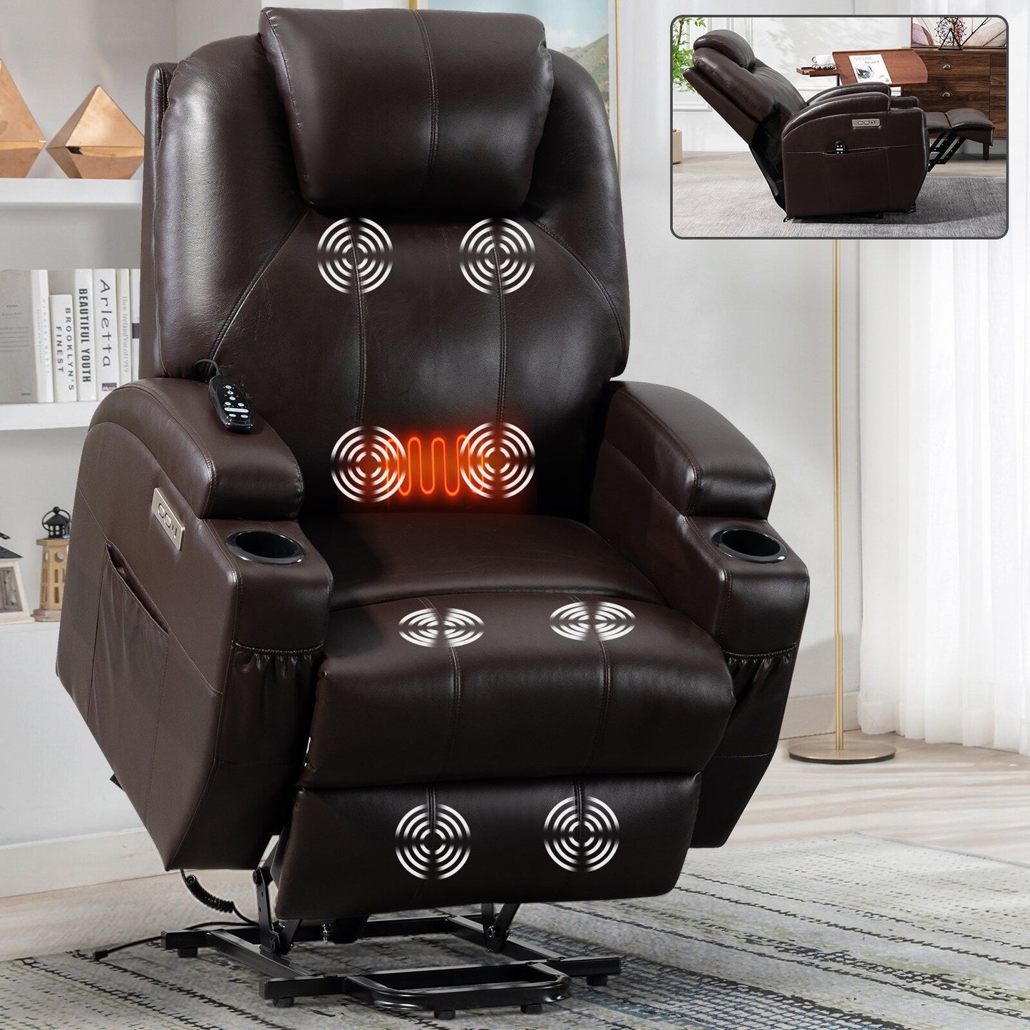 Black Power Lift Recliner with Vibration Massage, Lumbar Heat, and Cup Holders