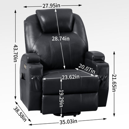 Black Power Lift Recliner with Vibration Massage, Lumbar Heat, and Cup Holders