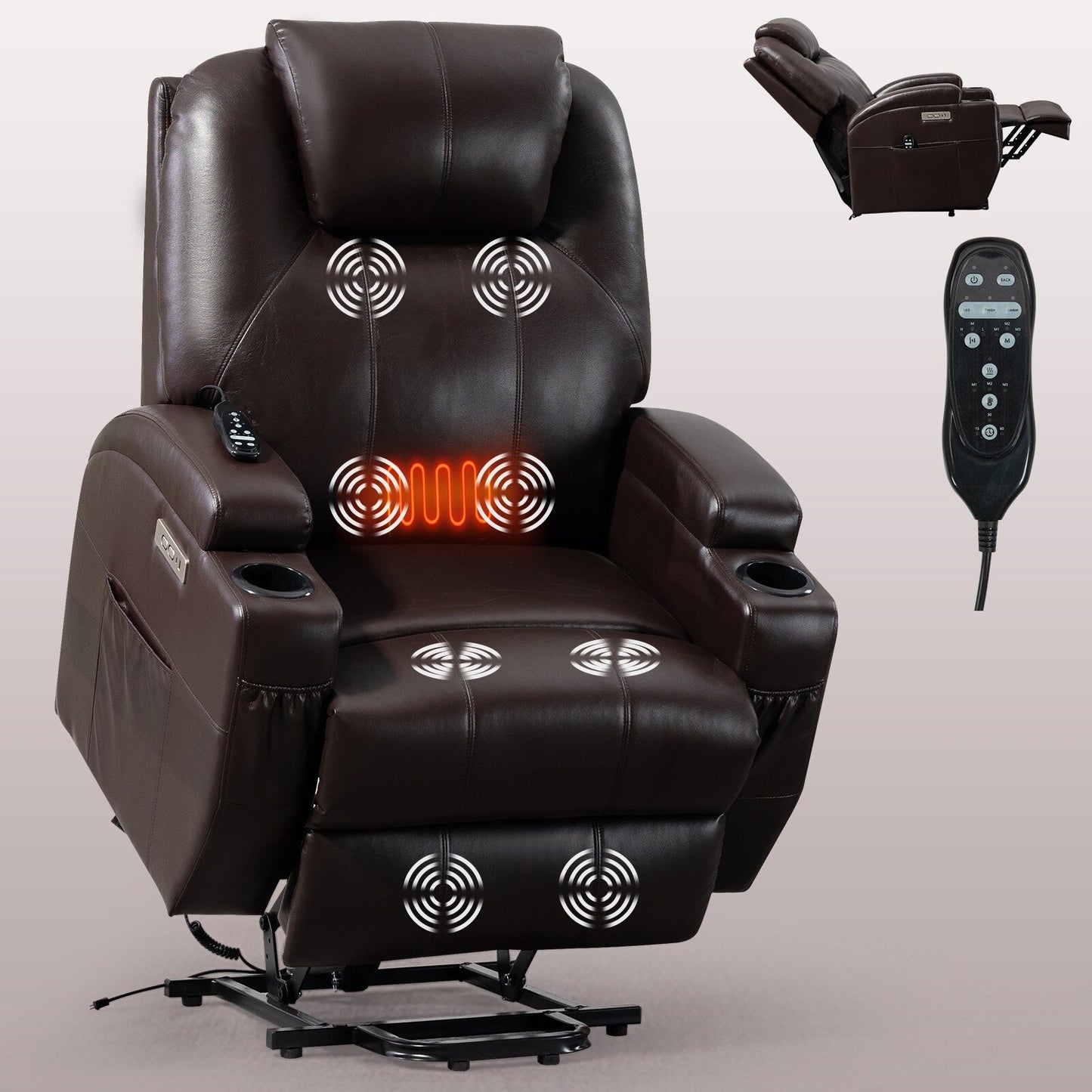 Black Power Lift Recliner with Vibration Massage, Lumbar Heat, and Cup Holders