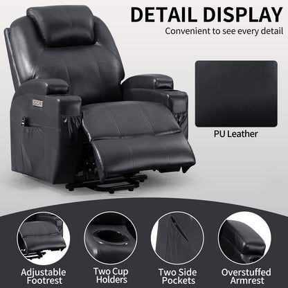 Black Power Lift Recliner with Vibration Massage, Lumbar Heat, and Cup Holders