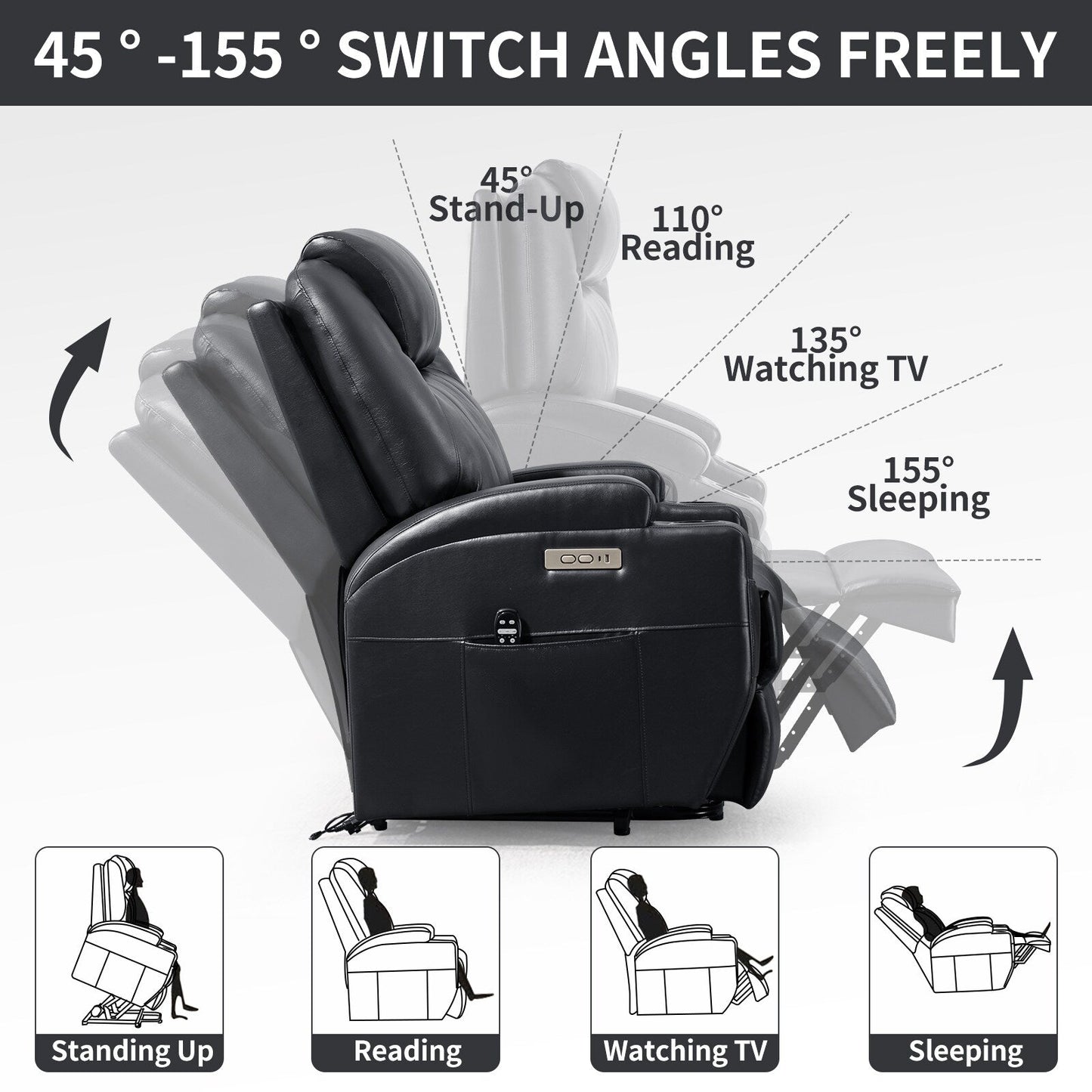 Black Power Lift Recliner with Vibration Massage, Lumbar Heat, and Cup Holders