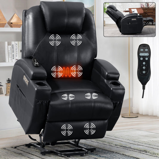 Black Power Lift Recliner with Vibration Massage, Lumbar Heat, and Cup Holders