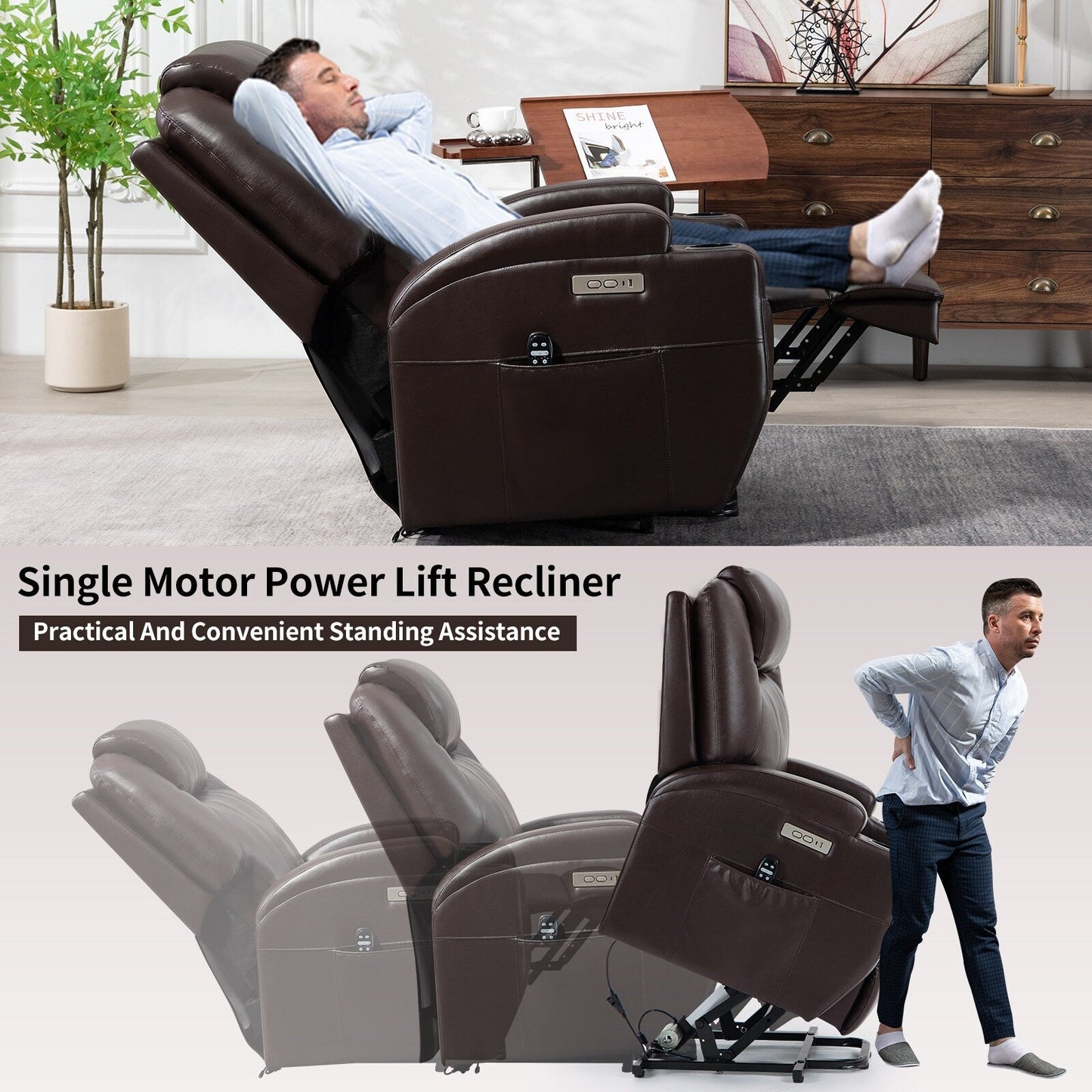 Black Power Lift Recliner with Vibration Massage, Lumbar Heat, and Cup Holders