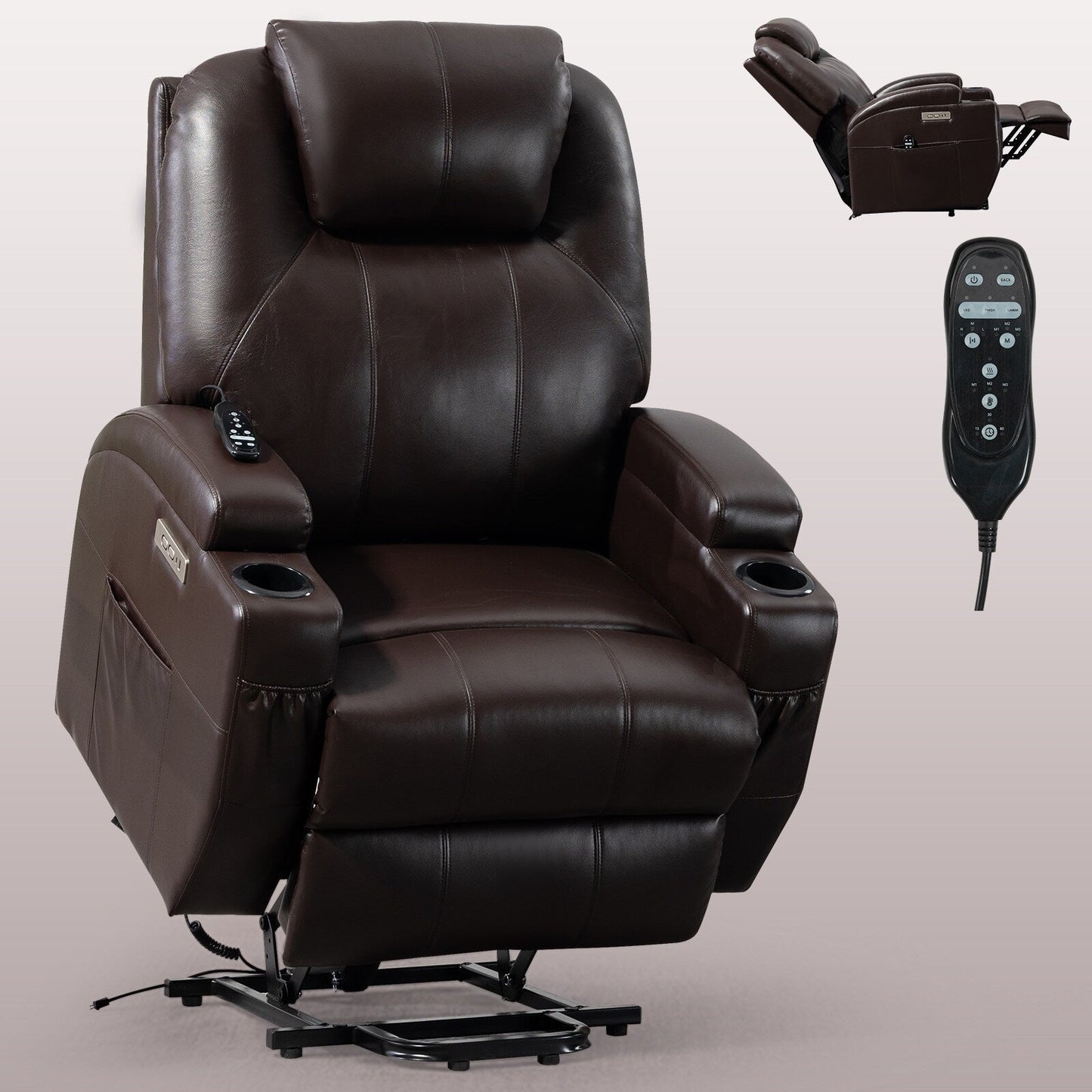 Black Power Lift Recliner with Vibration Massage, Lumbar Heat, and Cup Holders