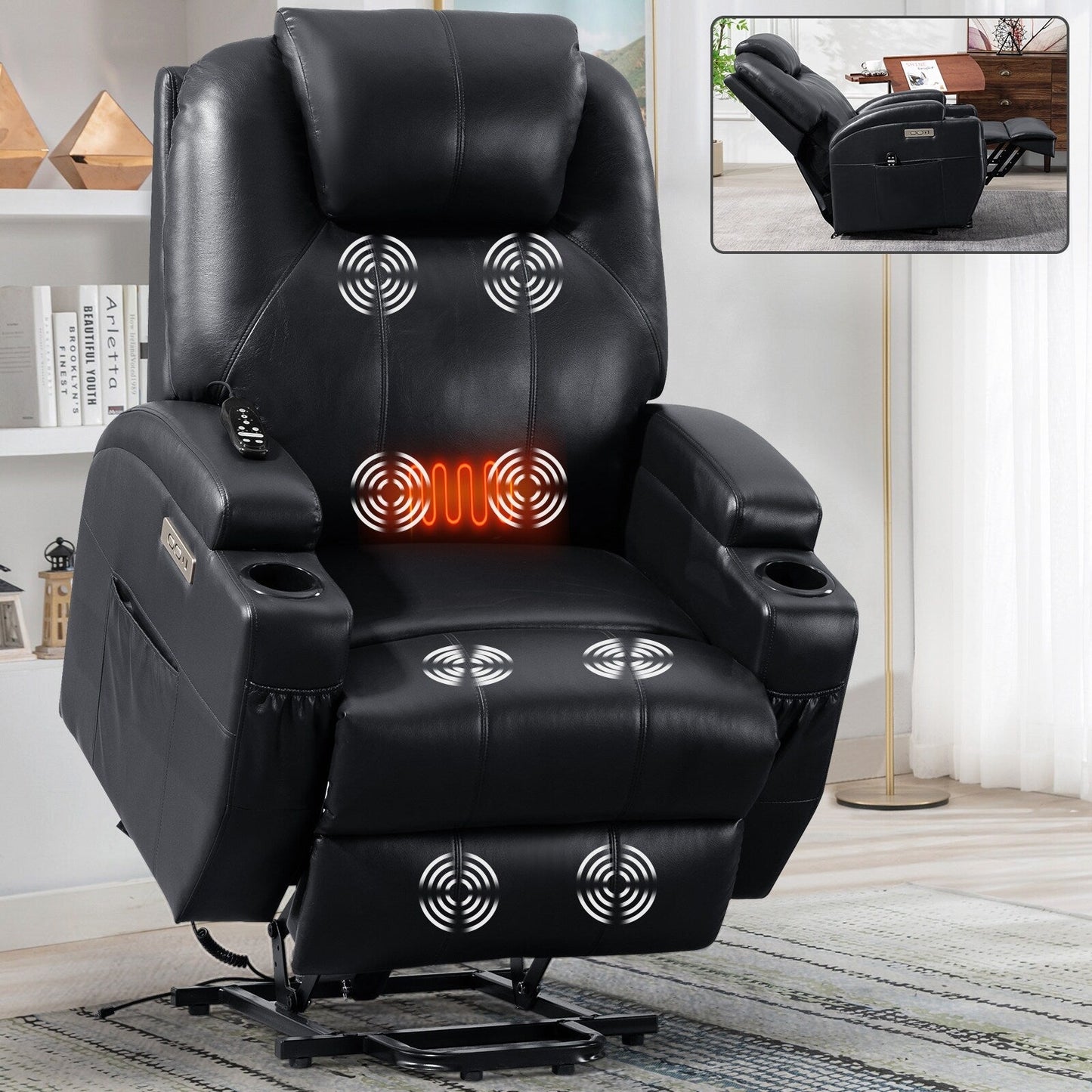 Black Power Lift Recliner with Vibration Massage, Lumbar Heat, and Cup Holders