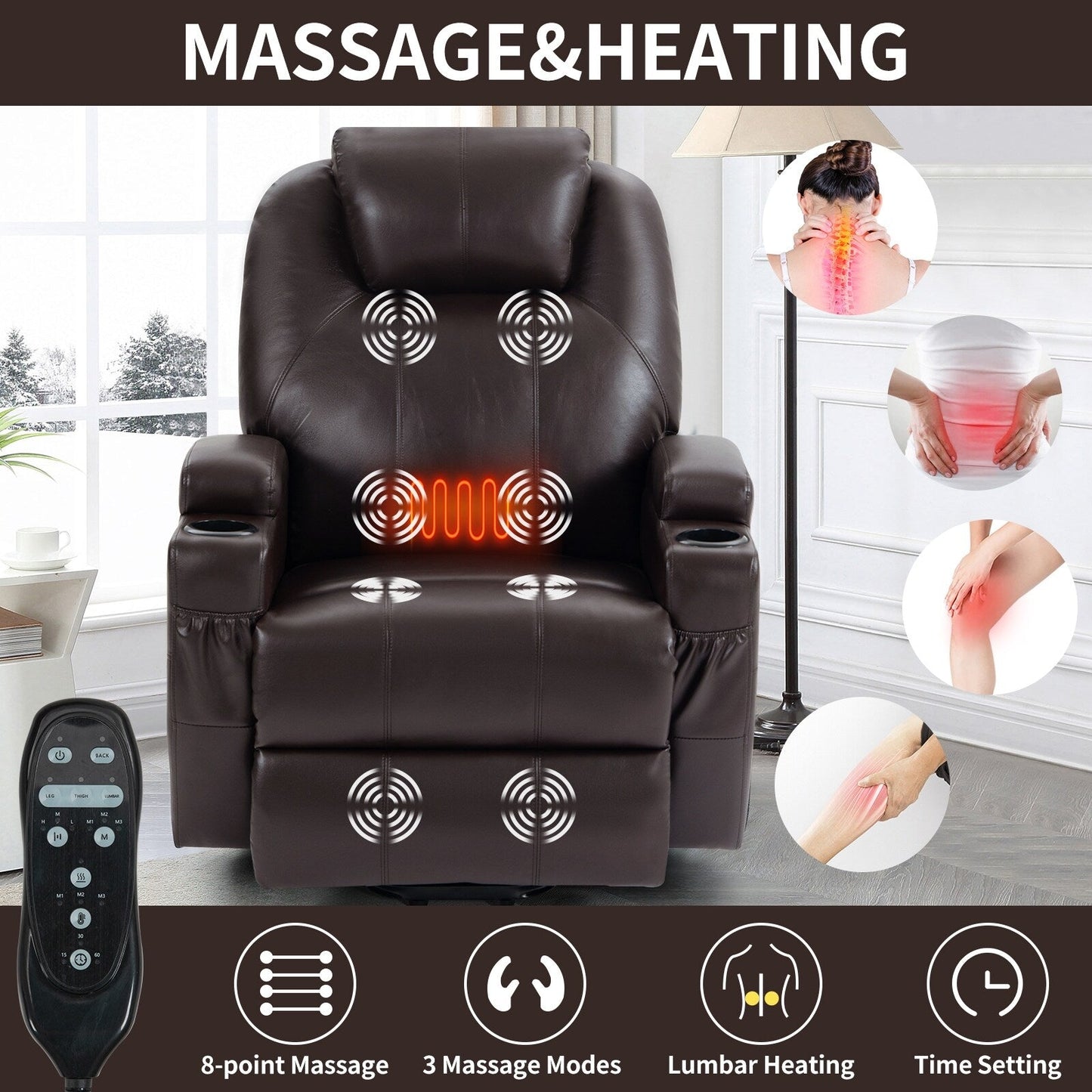Black Power Lift Recliner with Vibration Massage, Lumbar Heat, and Cup Holders