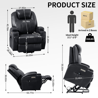 Black Power Lift Recliner with Vibration Massage, Lumbar Heat, and Cup Holders