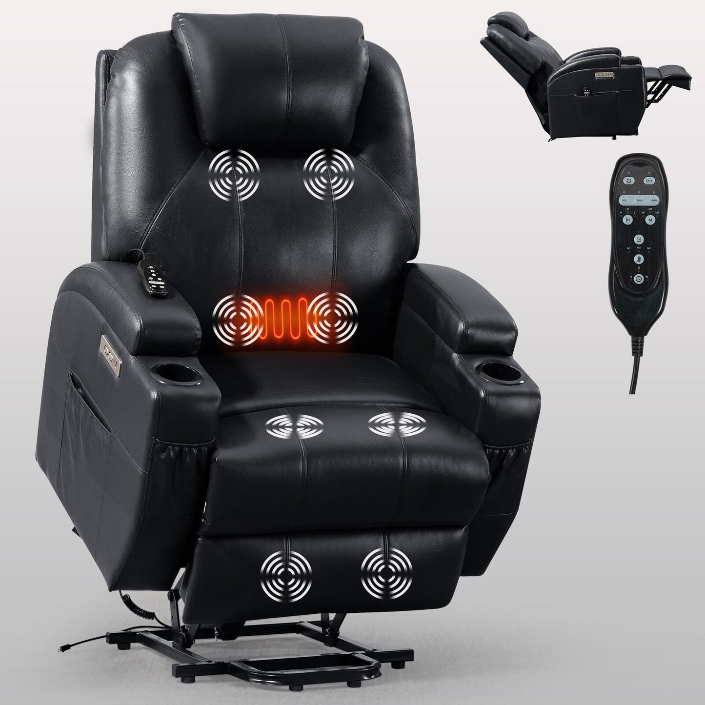 Black Power Lift Recliner with Vibration Massage, Lumbar Heat, and Cup Holders