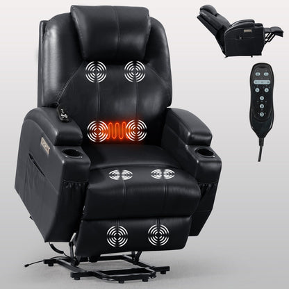 Black Power Lift Recliner with Vibration Massage, Lumbar Heat, and Cup Holders