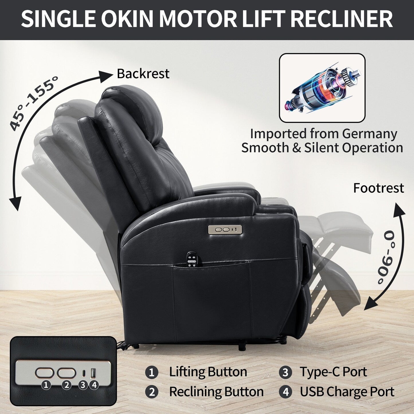 Black Power Lift Recliner with Vibration Massage, Lumbar Heat, and Cup Holders