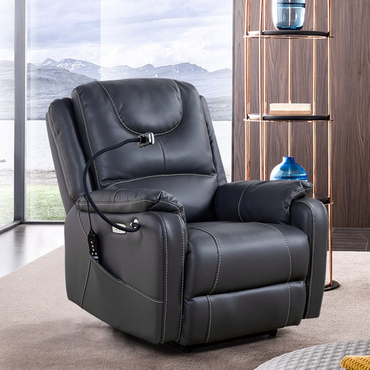 Black Power Recliner with Massage, Heat, USB, Phone Holder, and Side Pockets