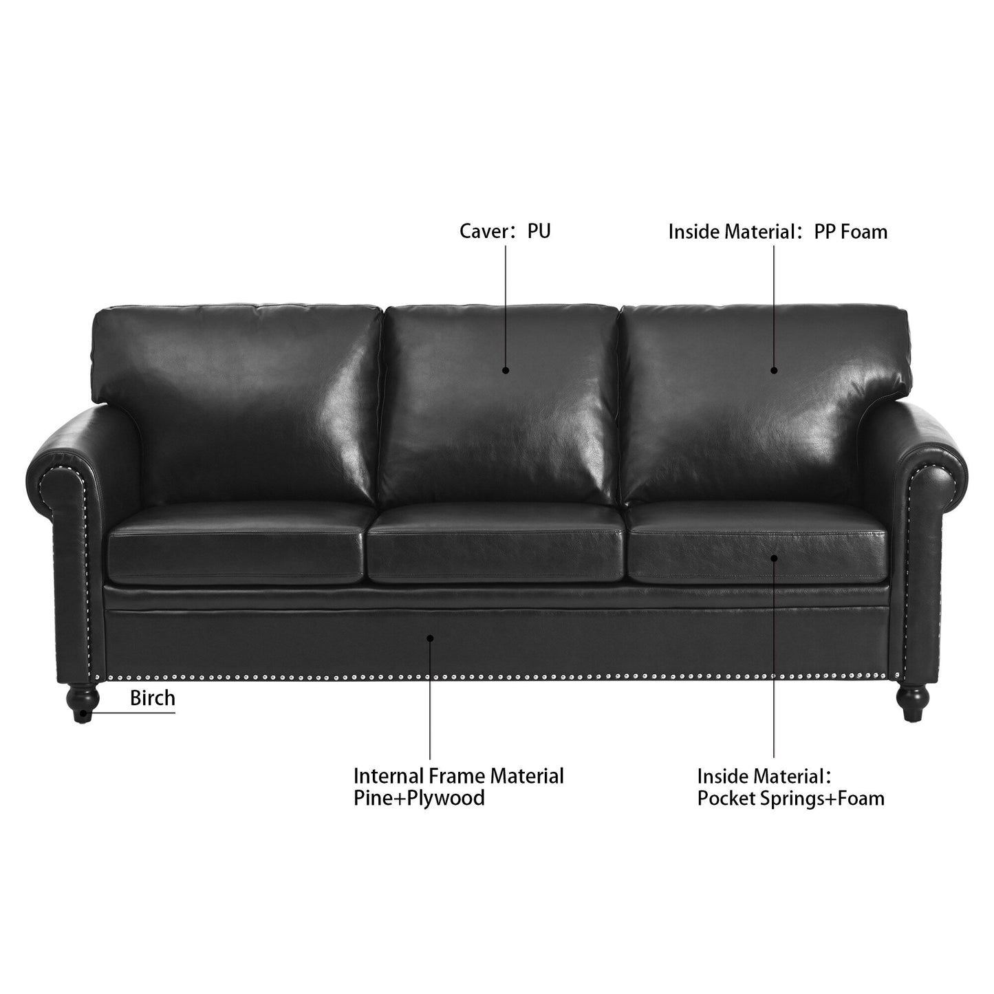 Black Pu 83.86 Upholstered 3-seater Sofa with Nailheads and Birch Feet for Living Room