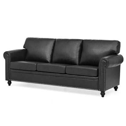 Black Pu 83.86 Upholstered 3-seater Sofa with Nailheads and Birch Feet for Living Room