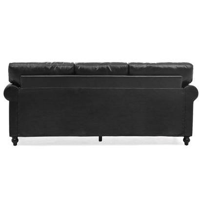 Black Pu 83.86 Upholstered 3-seater Sofa with Nailheads and Birch Feet for Living Room
