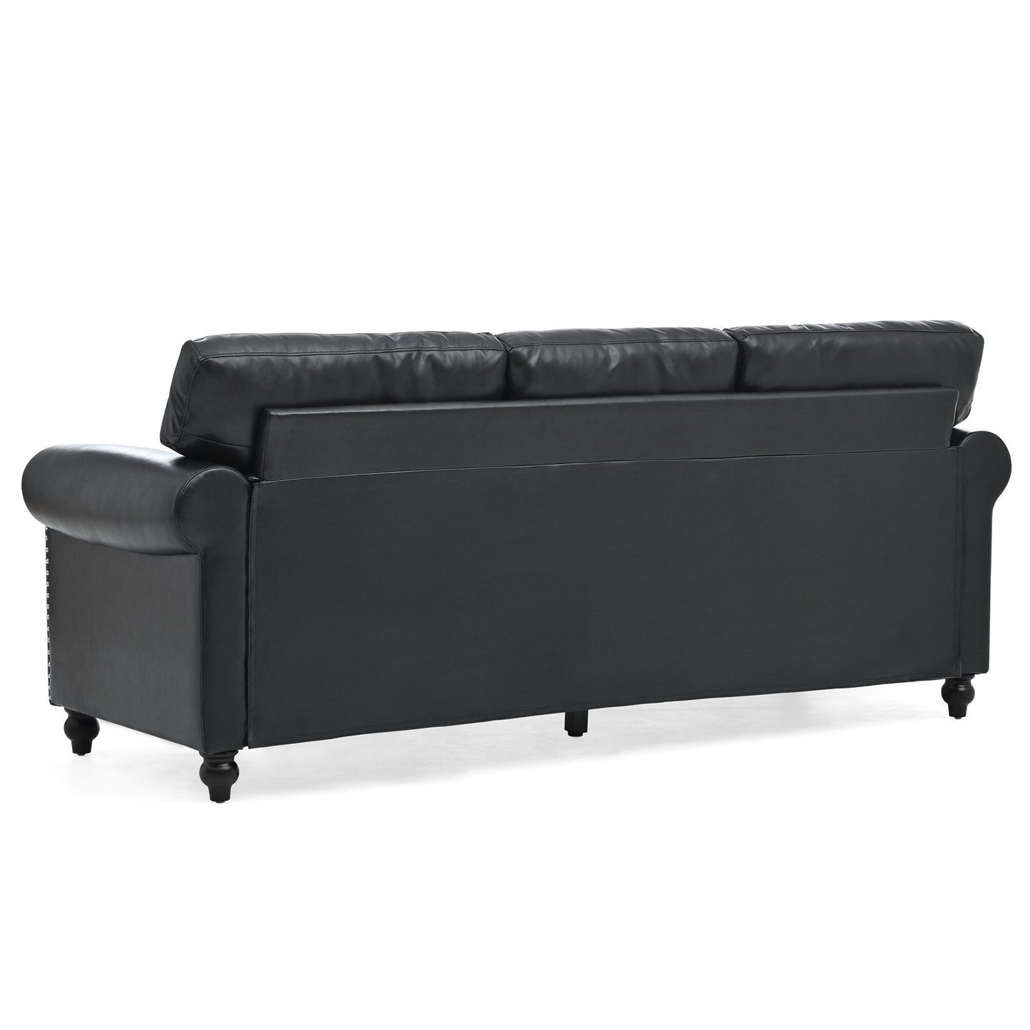 Black Pu 83.86 Upholstered 3-seater Sofa with Nailheads and Birch Feet for Living Room