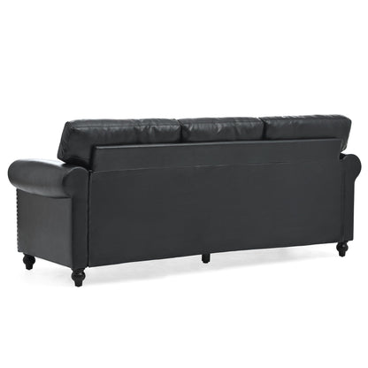 Black Pu 83.86 Upholstered 3-seater Sofa with Nailheads and Birch Feet for Living Room