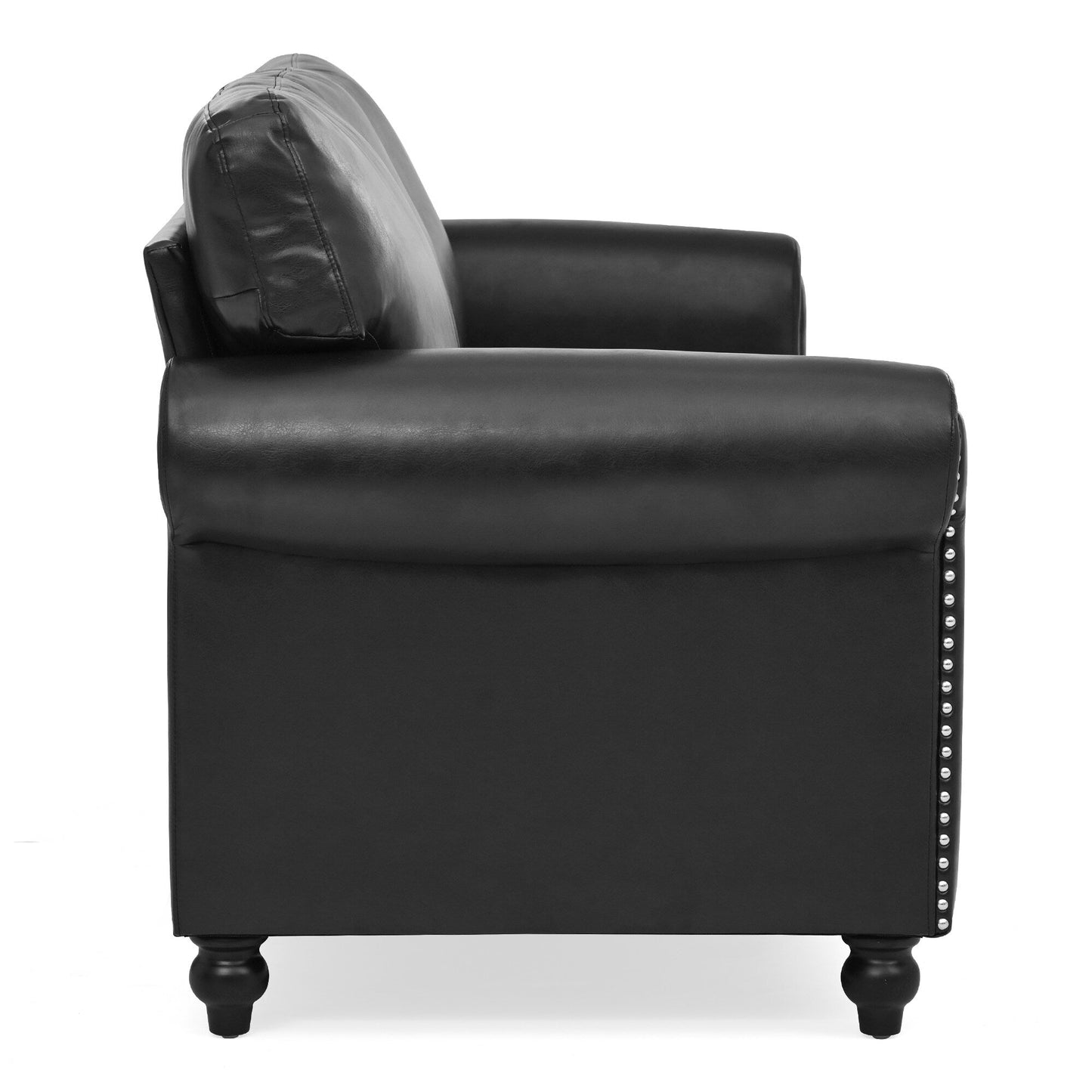 Black Pu 83.86 Upholstered 3-seater Sofa with Nailheads and Birch Feet for Living Room