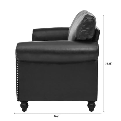 Black Pu 83.86 Upholstered 3-seater Sofa with Nailheads and Birch Feet for Living Room