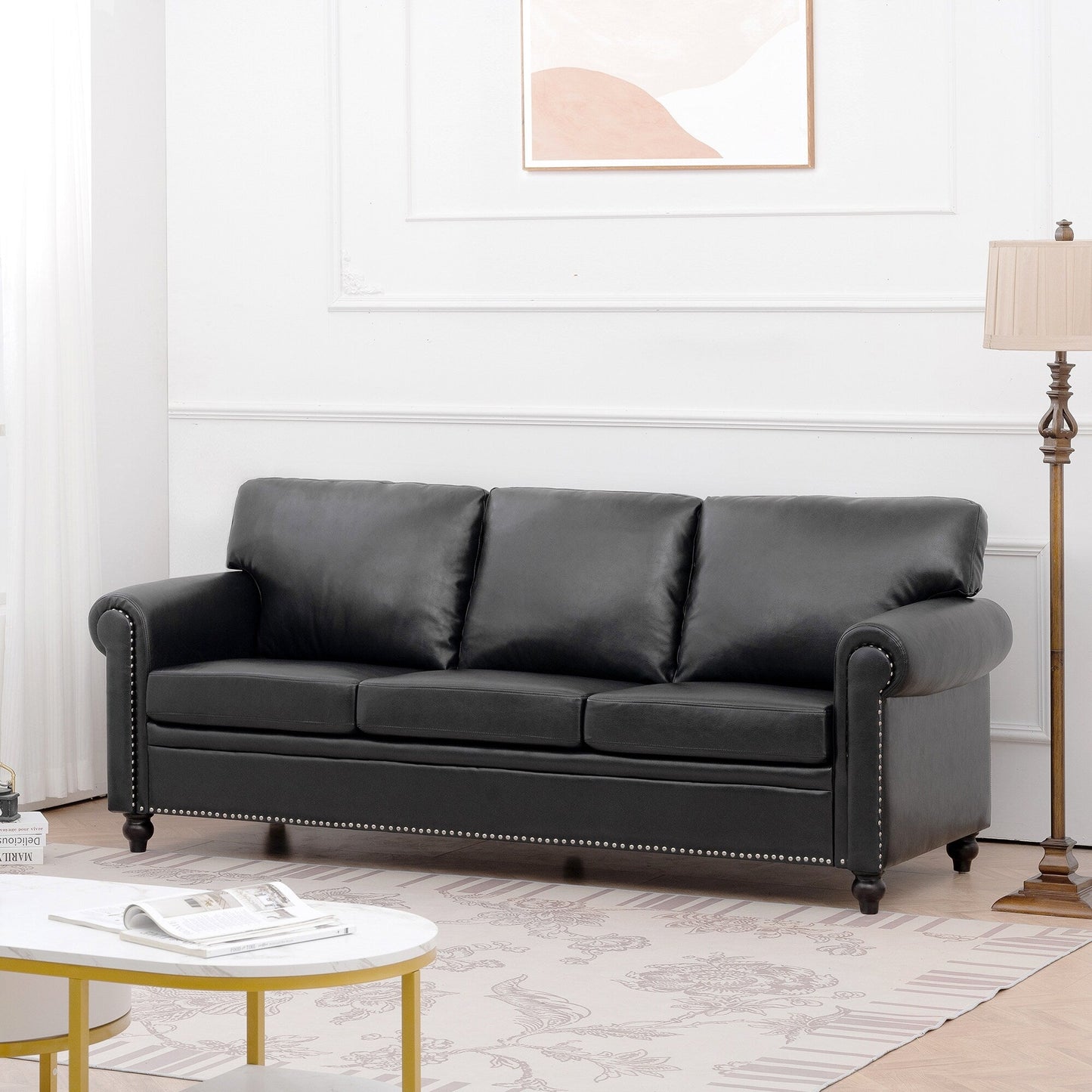 Black Pu 83.86 Upholstered 3-seater Sofa with Nailheads and Birch Feet for Living Room