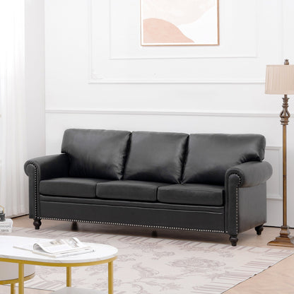Black Pu 83.86 Upholstered 3-seater Sofa with Nailheads and Birch Feet for Living Room