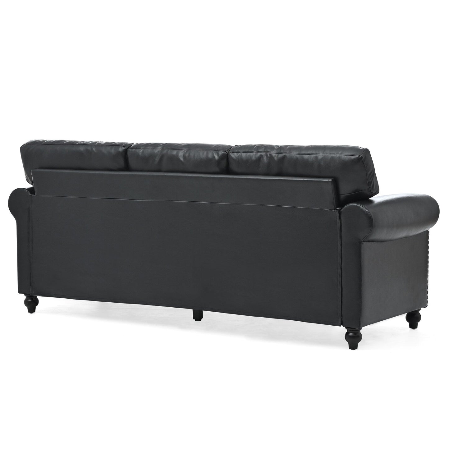 Black Pu 83.86 Upholstered 3-seater Sofa with Nailheads and Birch Feet for Living Room