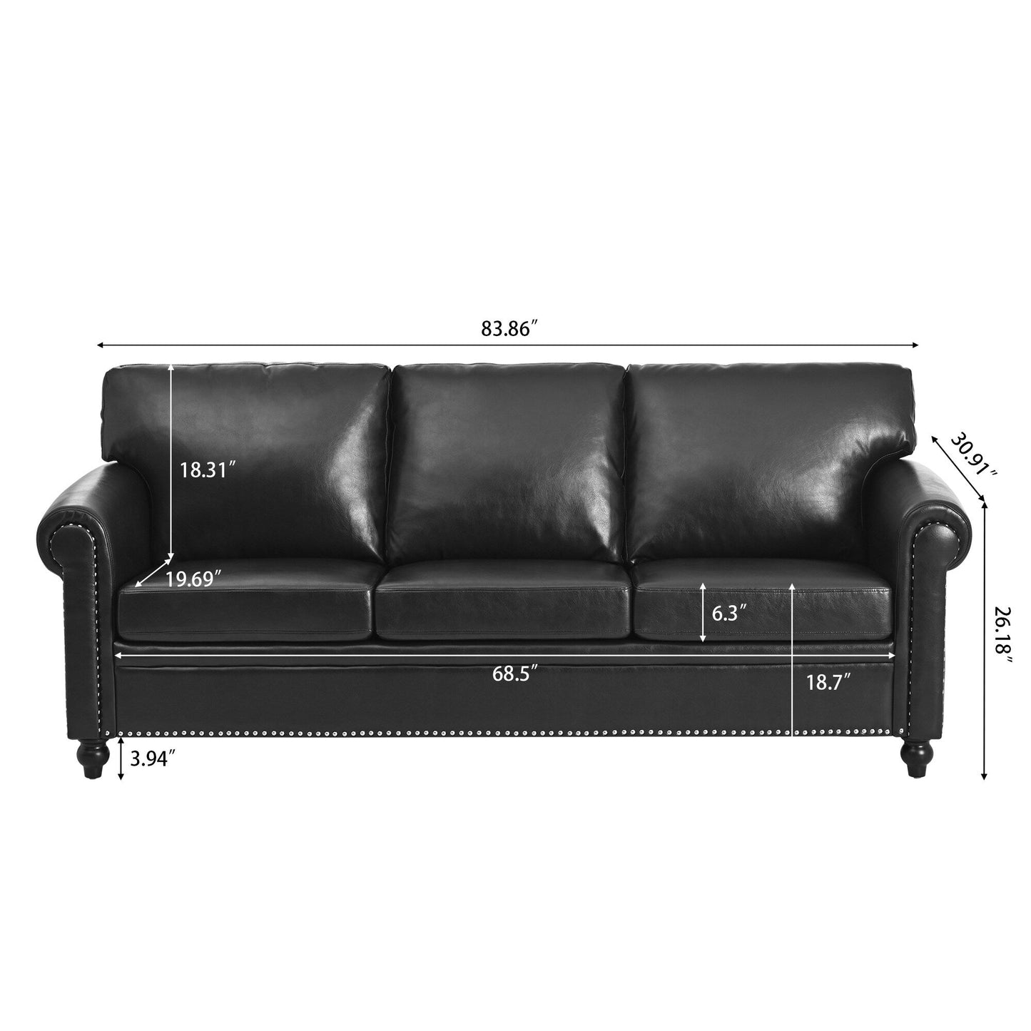 Black Pu 83.86 Upholstered 3-seater Sofa with Nailheads and Birch Feet for Living Room