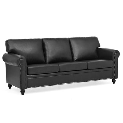 Black Pu 83.86 Upholstered 3-seater Sofa with Nailheads and Birch Feet for Living Room