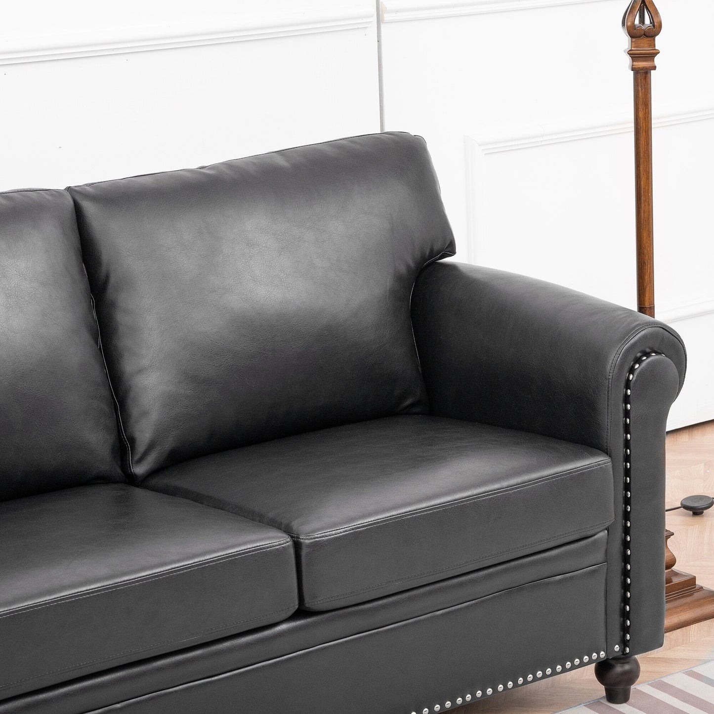 Black Pu 83.86 Upholstered 3-seater Sofa with Nailheads and Birch Feet for Living Room