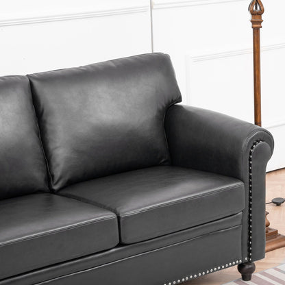 Black Pu 83.86 Upholstered 3-seater Sofa with Nailheads and Birch Feet for Living Room