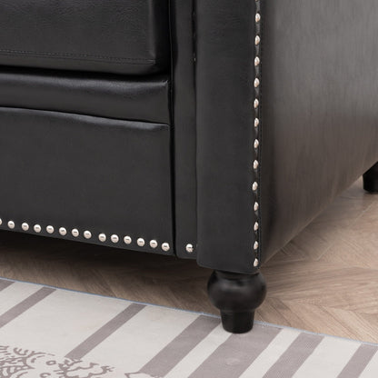 Black Pu 83.86 Upholstered 3-seater Sofa with Nailheads and Birch Feet for Living Room