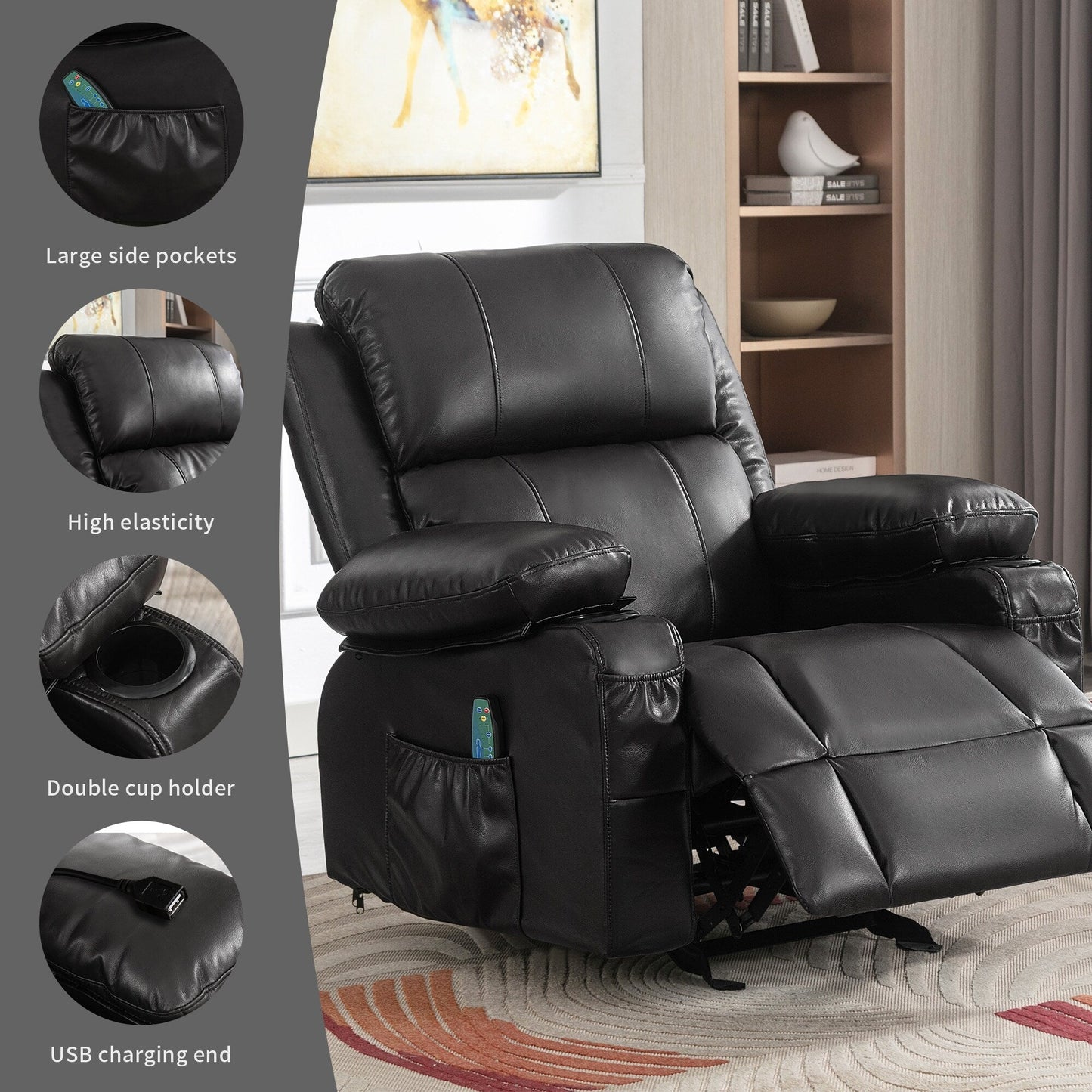 Black Rocking Recliner with USB Charging, Massage, Heating, and Cup Holders for Ultimate Comfort