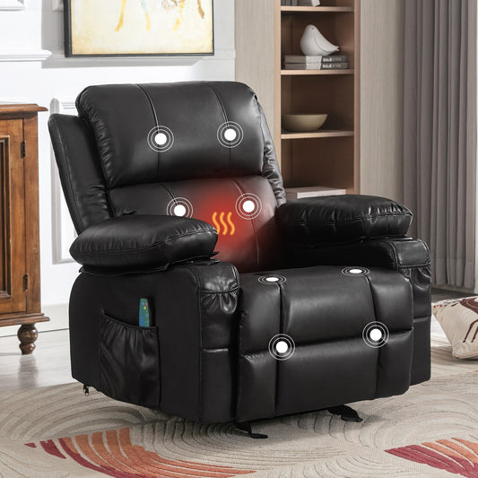 Black Rocking Recliner with USB Charging, Massage, Heating, and Cup Holders for Ultimate Comfort