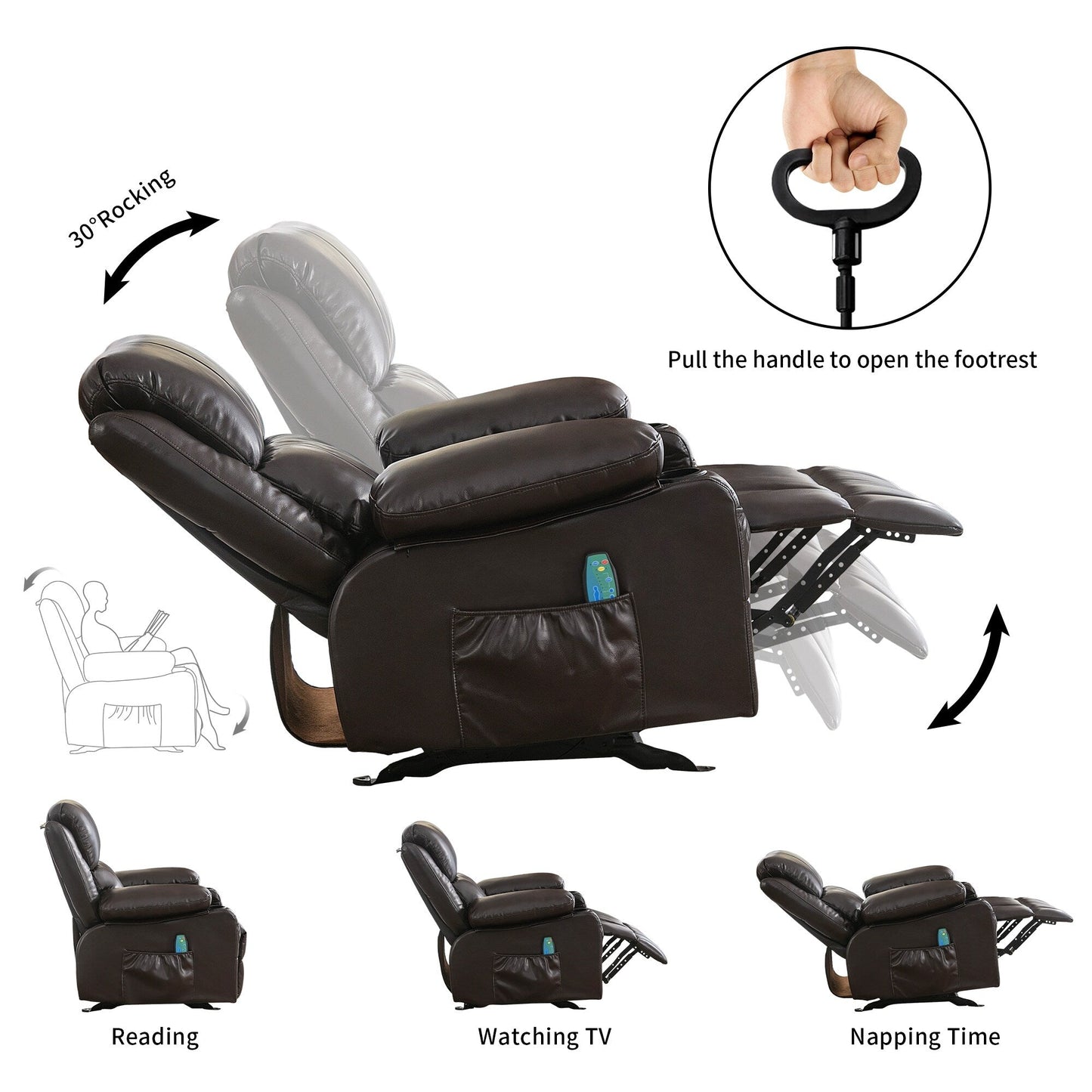 Black Rocking Recliner with USB Charging, Massage, Heating, and Cup Holders for Ultimate Comfort
