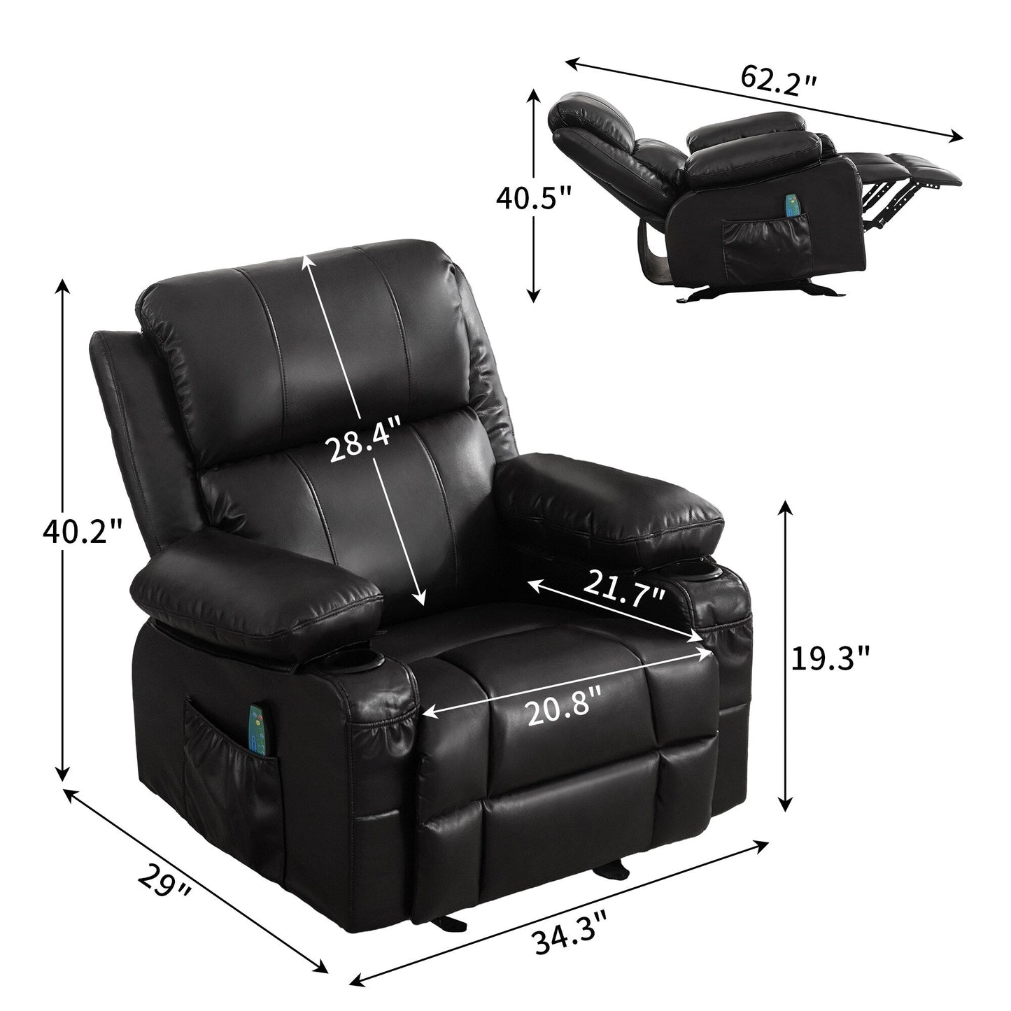 Black Rocking Recliner with USB Charging, Massage, Heating, and Cup Holders for Ultimate Comfort