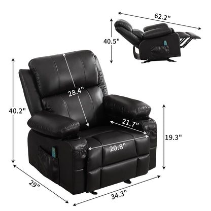 Black Rocking Recliner with USB Charging, Massage, Heating, and Cup Holders for Ultimate Comfort