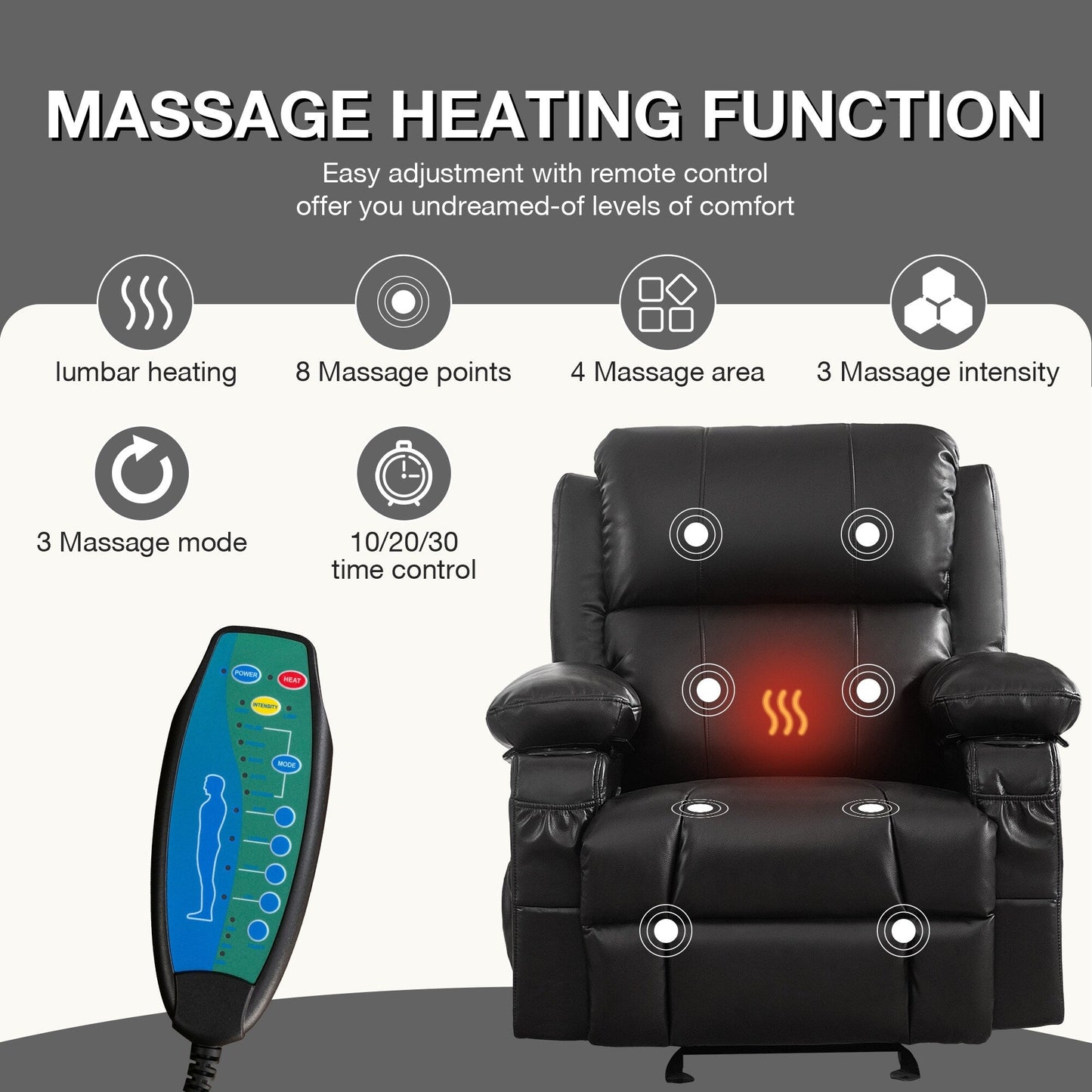 Black Rocking Recliner with USB Charging, Massage, Heating, and Cup Holders for Ultimate Comfort